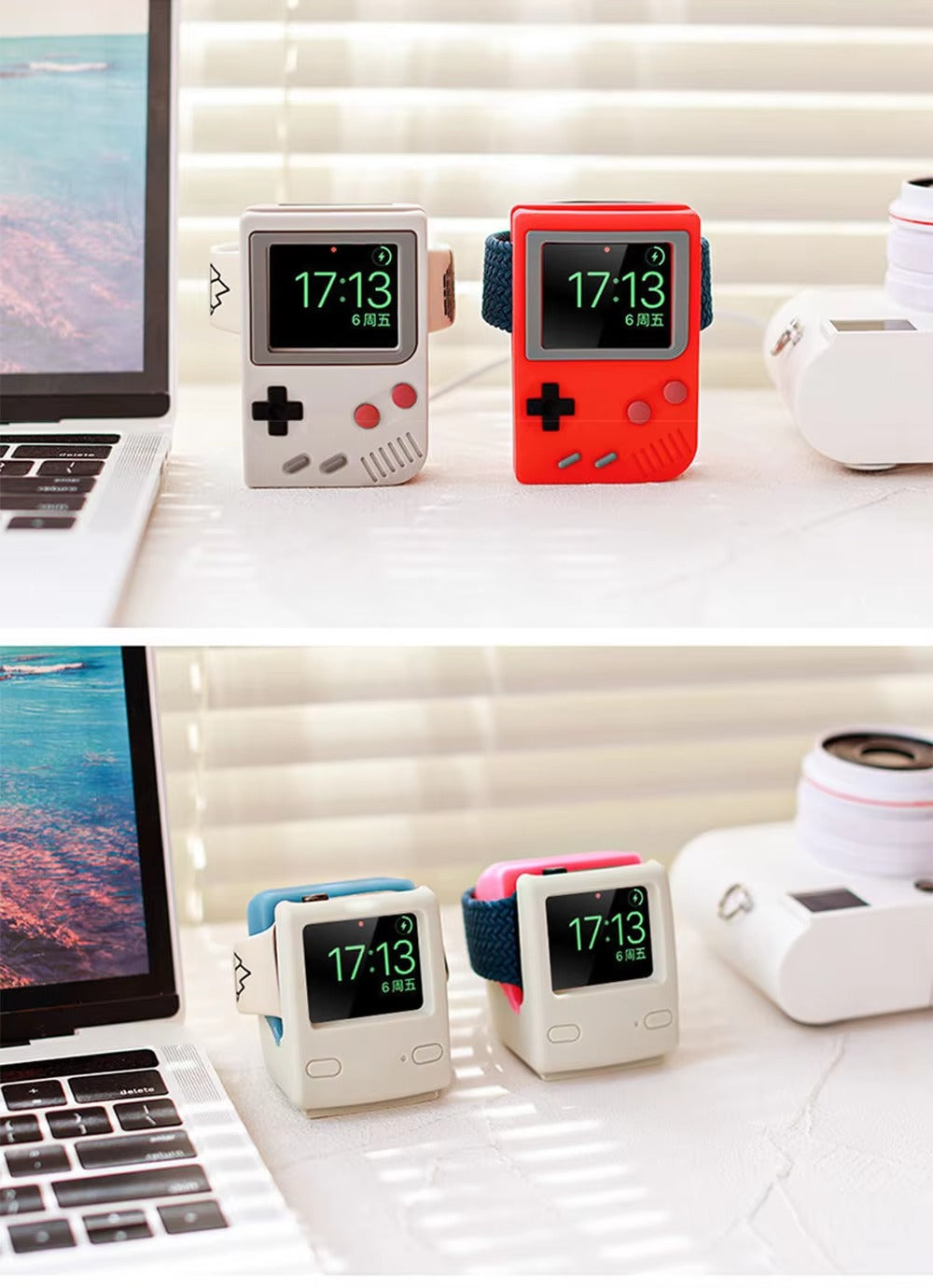 Premium Retro Charging Stand for Smartwatch – Desktop Silicone Dock Holder with Cable Slot, Nightstand Mode Compatible