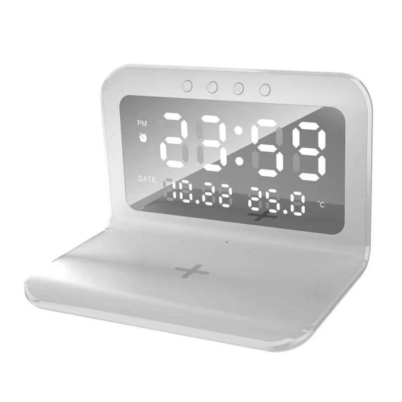 Luxury Wireless Charging Alarm Clock – LED Digital Thermometer Dock Station with Fast 5W Charger for Phones, Smartwatches, and Earbuds