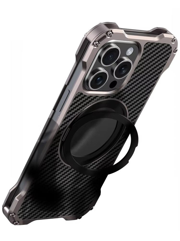 Robust Apple iPhone Case, MagSafe Compatible, Camera Lens & Screen Protection, Ultra Thin, Shockproof, Magnetic Full All Around Cover – Carbon Fiber Aluminum Alloy Case with Built-In Holder Ring & Lightweight Frame