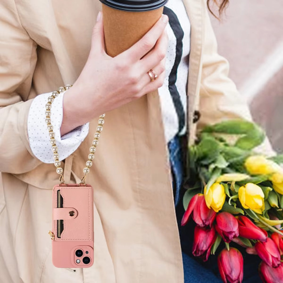 High Quality Apple iPhone Case, MagSafe Compatible, Camera Lens & Screen Protection, Ultra Thin, Shockproof, Magnetic Full All Around Cover – PU Leather Wallet Case with Mirror, Zipper & Pearl Strap