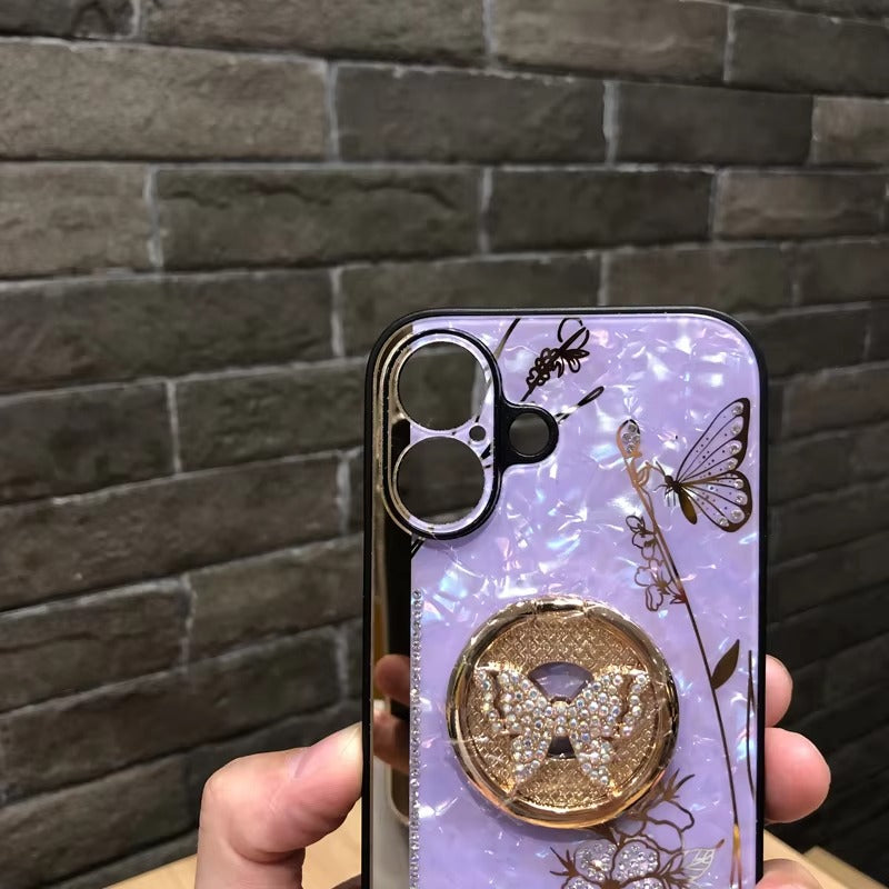 Luxury Apple iPhone Case, MagSafe Compatible, Camera Lens & Screen Protection, Ultra Thin, Shockproof, Magnetic Full All Around Cover – Shell Pattern Butterfly Case with Ring Holder & Hard Silicone TPU Back Design