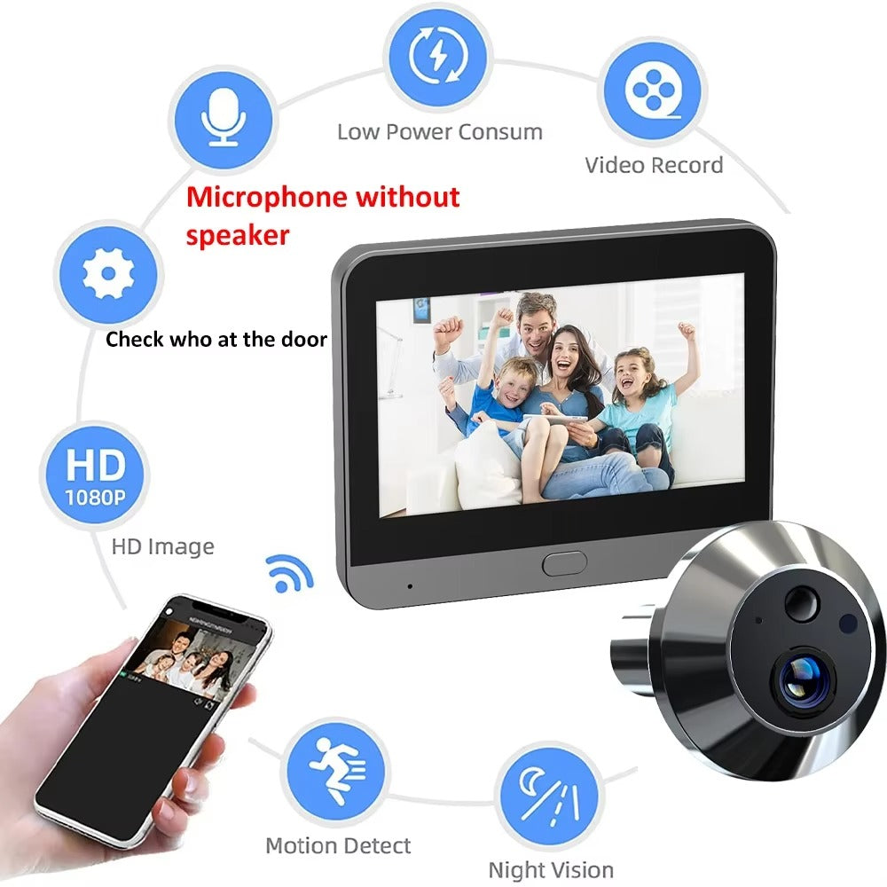 High Quality Smart Door Viewer for iPhone, 3MP WiFi Peephole Camera, Battery-Powered PIR Motion Sensor with 140° Wide Angle