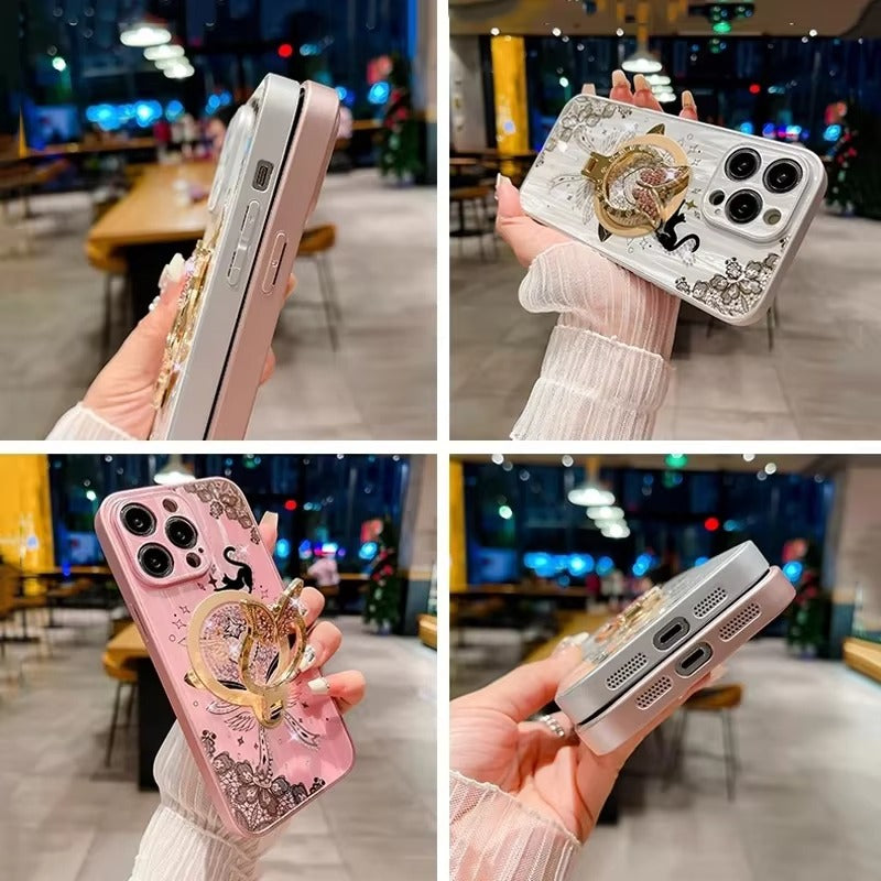 Luxury Apple iPhone Case, MagSafe Compatible, Camera Lens and Screen Protection, Ultra Thin, Shockproof, Magnetic, Full All Around Protection, Night Cat Ring Cover