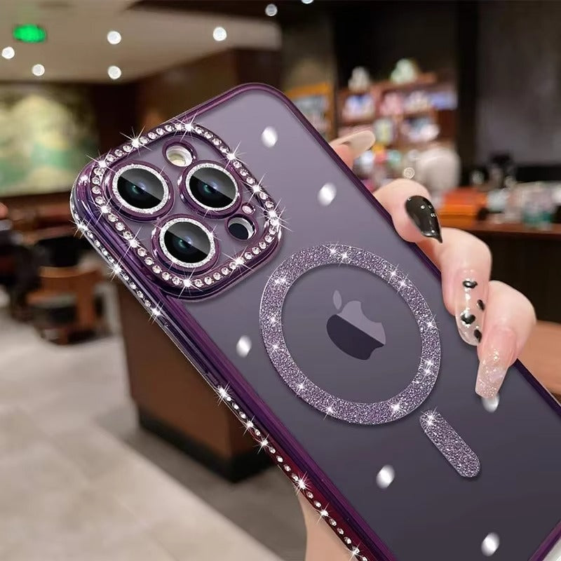 Luxury Pink Glitter Apple iPhone Case, MagSafe Compatible, Ultra Thin Magnetic Shockproof Full Protection Cover and Diamond Clear Plated Shell