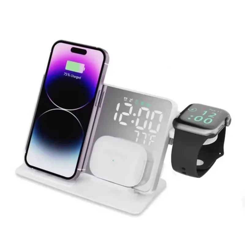 Premium 4 in 1 Wireless Charging Station with Alarm Clock – Fast Charger Stand for iPhone, Apple Watch, AirPods, Samsung Galaxy, Temperature & Date Display