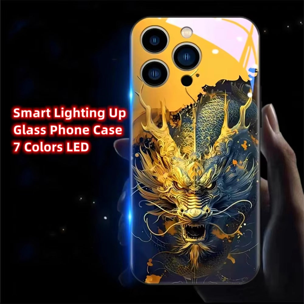 Premium Apple iphone Case, LED Flash, Sound Reactive, Shockproof, Ultra Thin, Full Body Protection, Golden Dragon Luminous Glass Cover