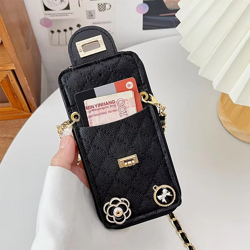 Luxury Apple iPhone Case, MagSafe Compatible, Camera Lens & Screen Protection, Ultra Thin, Shockproof, Magnetic Full All Around Cover – Camellia Flower Pearl Crown Crossbody Wallet Case