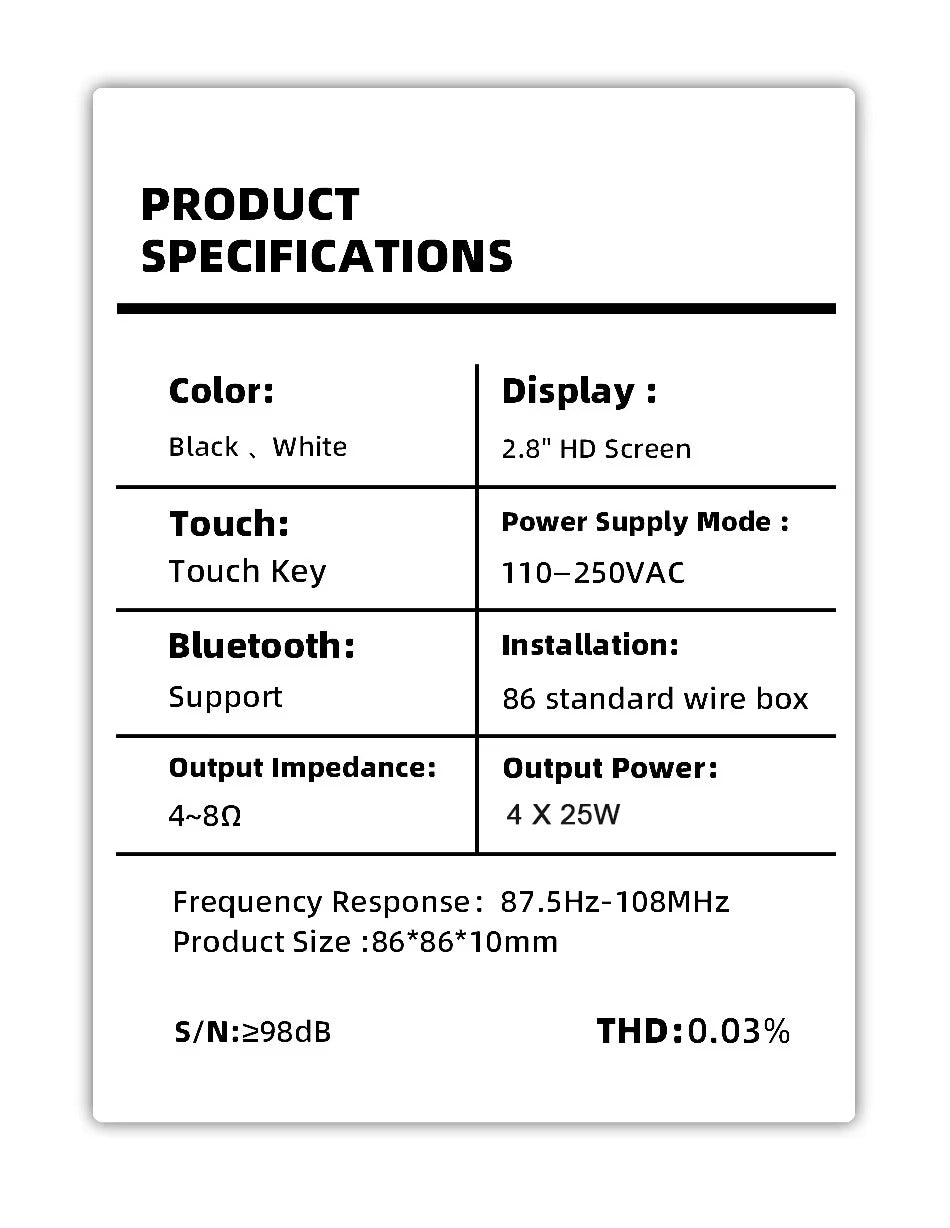 Premium Bluetooth Wall Amplifier for iPhone, 2.8" HD Touchscreen Music Control Panel, Smart Home Stereo System with FM, AUX,