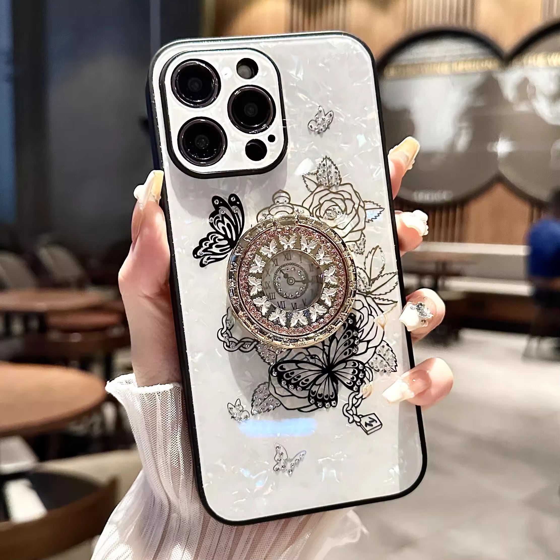 Luxury Apple iPhone Case, MagSafe Compatible, Camera Lens & Screen Protection, Ultra Thin, Shockproof, Magnetic Full All Around Cover – Butterfly Flower Pattern Silicone Case with Diamond Ring Holder & Hard Back Protection