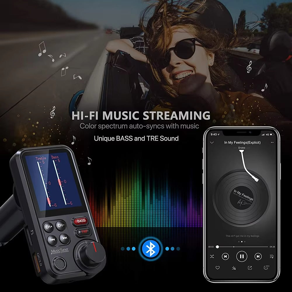 Premium, 1.8-Inch, Wireless Bluetooth FM Transmitter for Car, AUX Support, QC3.0 Charging, Treble, Bass Adjustment,