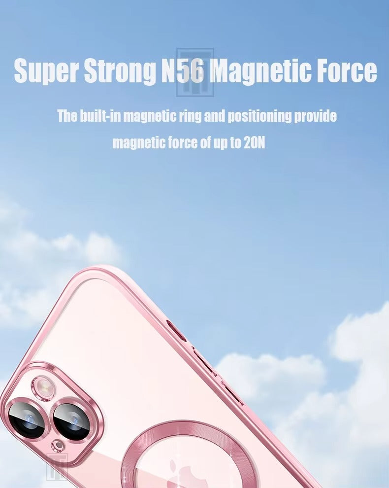 Luxury Apple iPhone Case, MagSafe Compatible, Camera Lens & Screen Protection, Ultra Thin, Shockproof, Magnetic Full All Around Cover – Plating Transparent Silicone TPU Case with Magnetic Back & Lens Film Protection