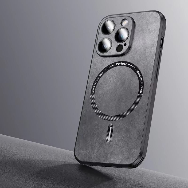 Premium MagSafe Leather iPhone Case with Magnetic Shockproof Design, Glass Lens Protector, Full Body Drop Defense,