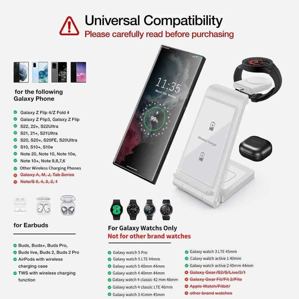 Premium 25W 3 in 1 Wireless Charging Station – Fast Charger Stand for Samsung Phones, Galaxy Watch and Buds with Detachable Holder and Type-C Cable
