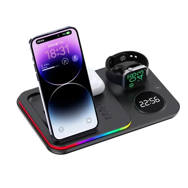 Premium 5 in 1 Wireless Charging Station – 30W Foldable Fast Charger Dock with RGB LED Light, Alarm Clock for Phones, Apple Watch, Samsung Watch & AirPods