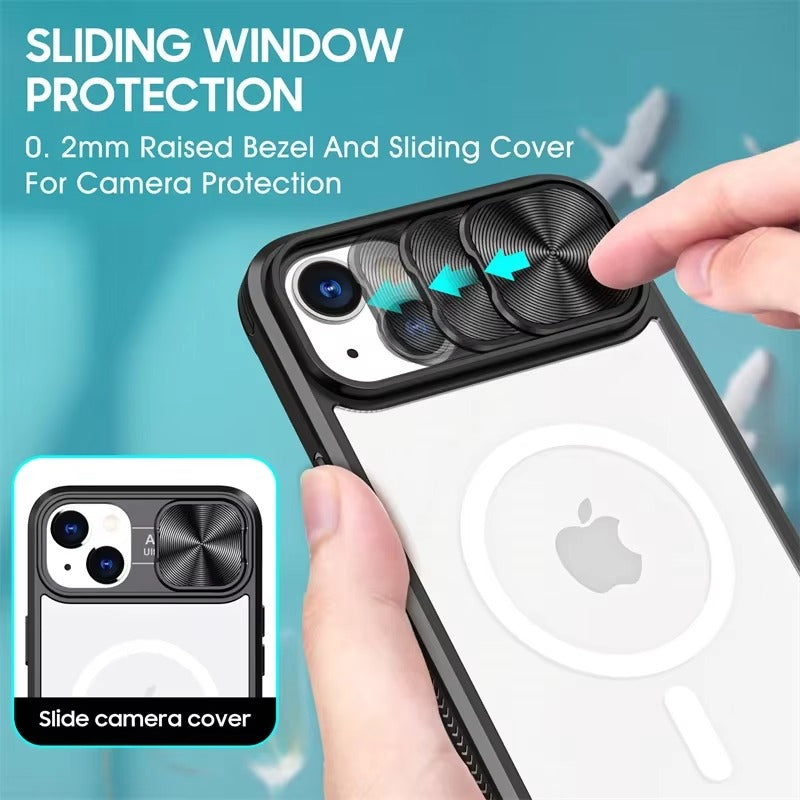 Premium Apple iPhone Case MagSafe Compatible, Camera Lens & Screen Protection, Cover with Slide Lens & Clear Acrylic Back