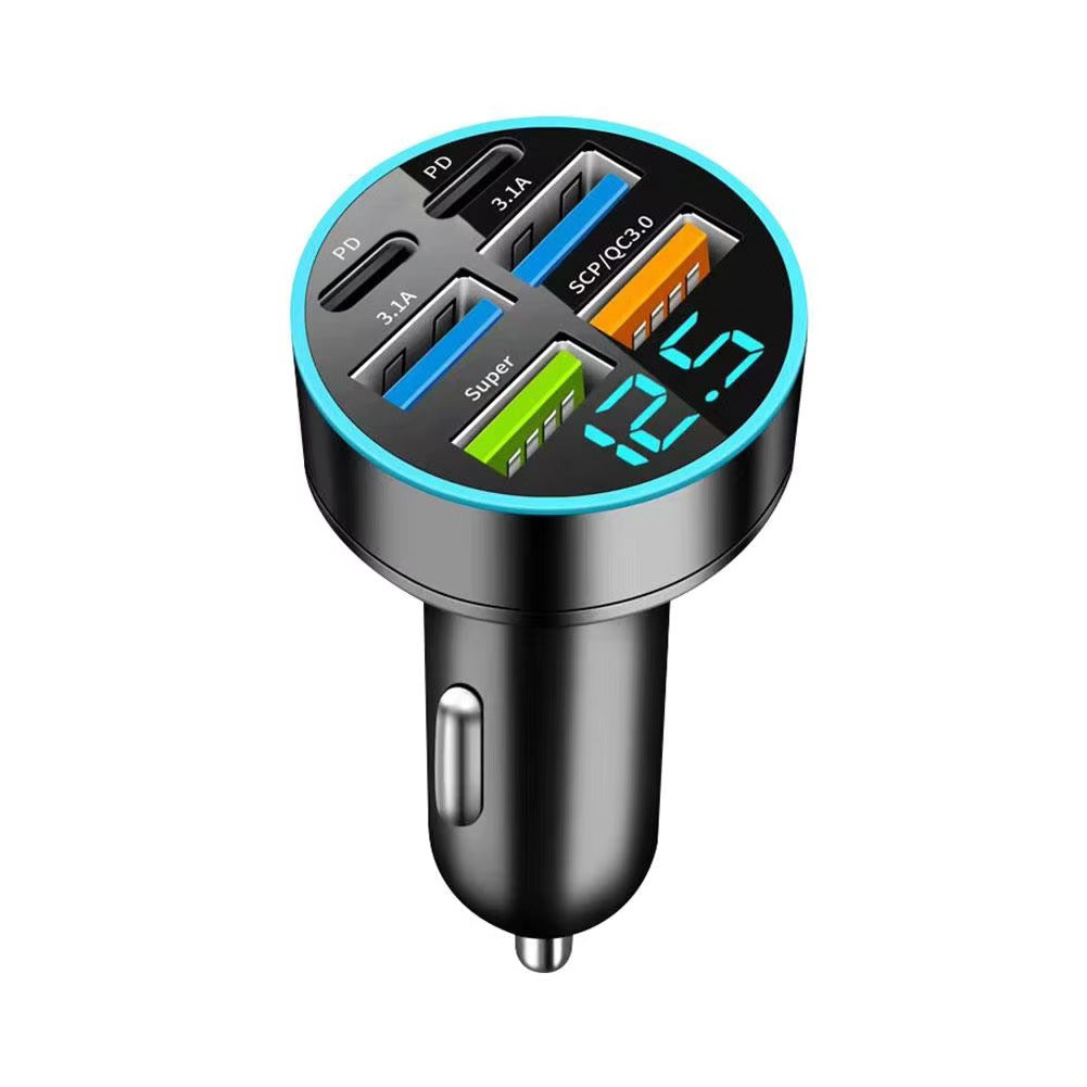 Premium 250W USB Car Charger with Digital Display – 6-Port Fast Charging PD QC3.0 Type-C Adapter, Intelligent Protection, Quick Charge