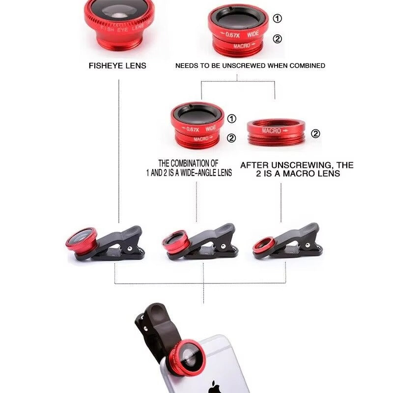 High Quality 3-in-1 Phone Camera Lens Kit – Fisheye, 0.67X Wide Angle Photography on Apple iPhone Devices
