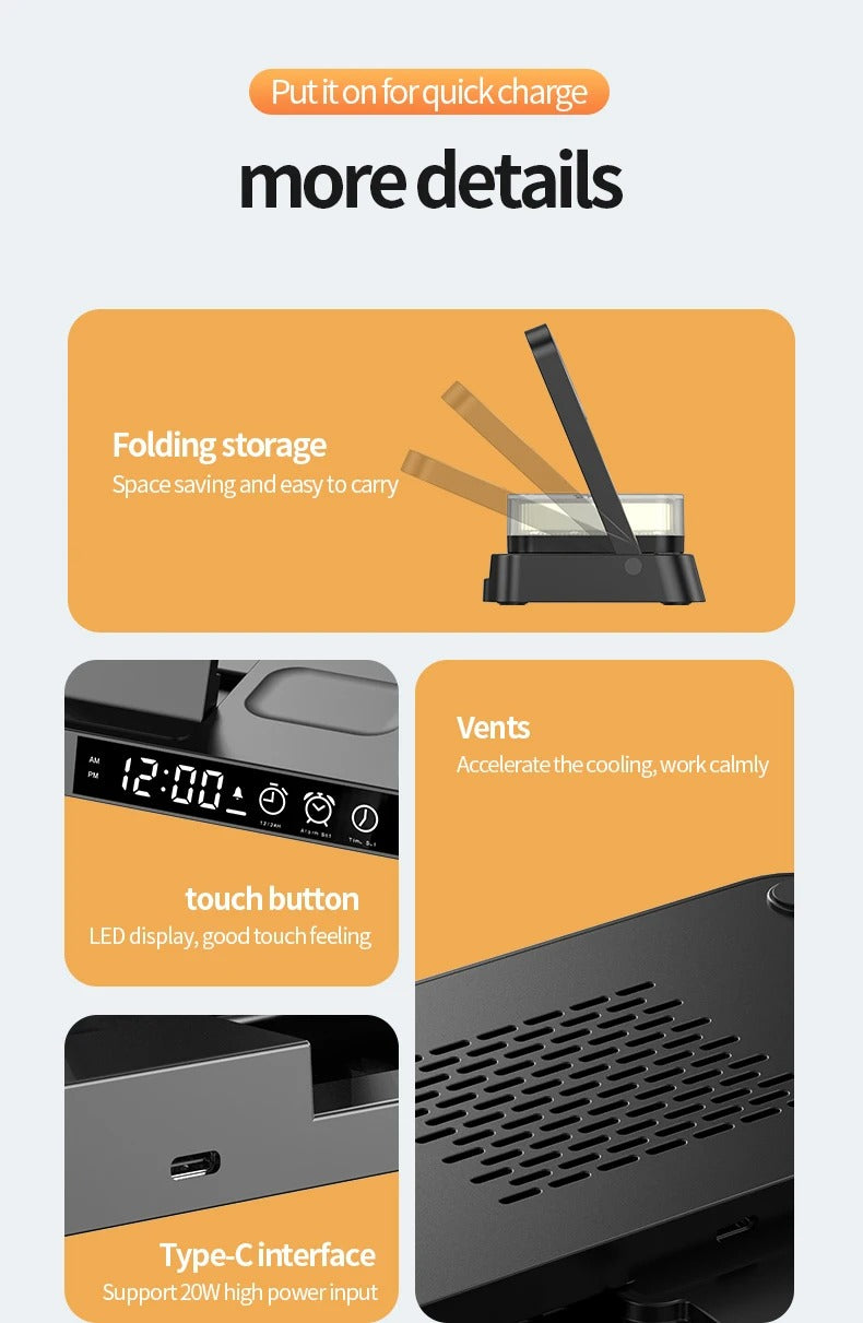 Premium 3 in 1 Wireless Charging Station – 30W Fast Charger Stand with Alarm Clock, Removable RGB Night Light for Phones, Apple Watch, Samsung Watch & AirPods