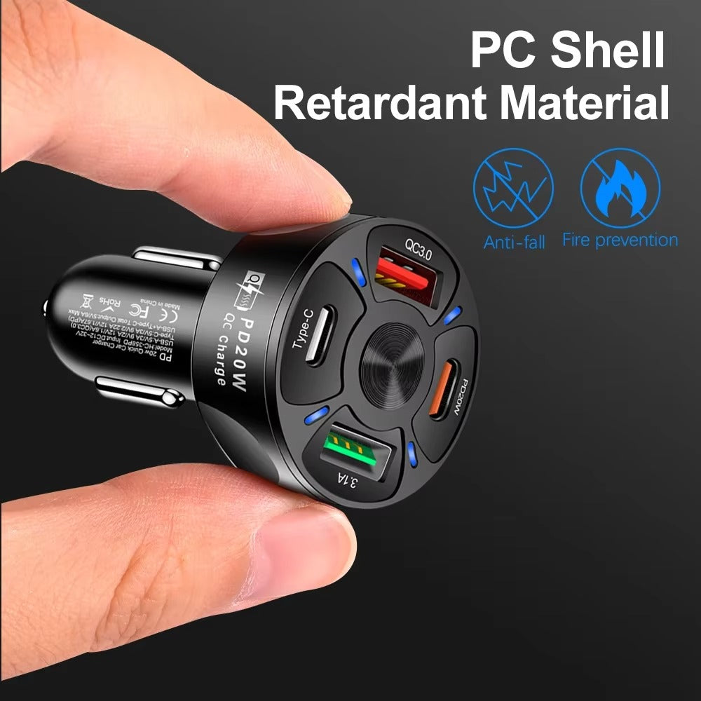 High Speed 55W USB Car Charger Adapter – 4-Port PD & QC3.0 Fast Charging Cigarette Lighter Plug with LED Display, Smart Protection for Phones & Tablets