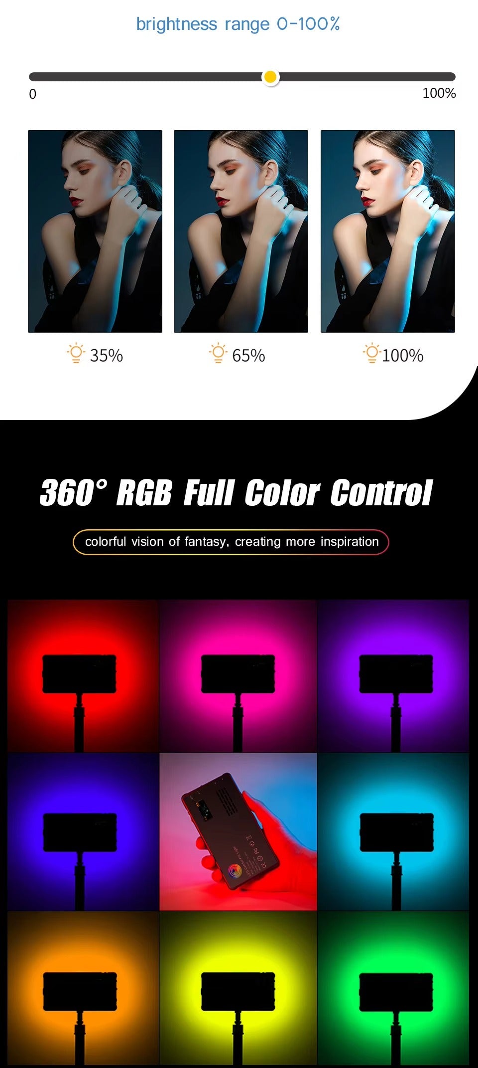 High Quality, RGB LED Video Light Panel – Adjustable 2500–9000K Fill Light with LCD Display, Vlogging, and Apple Devices