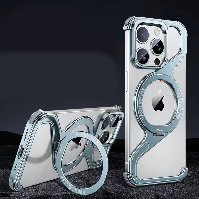 Premium Apple iPhone Case, MagSafe Compatible, Camera Lens & Screen Protection, Ultra Thin, Shockproof, Magnetic Full All Around Cover – Z-Type Aluminum Alloy Rimless Case with Snap-On Bracket & Metal Frame