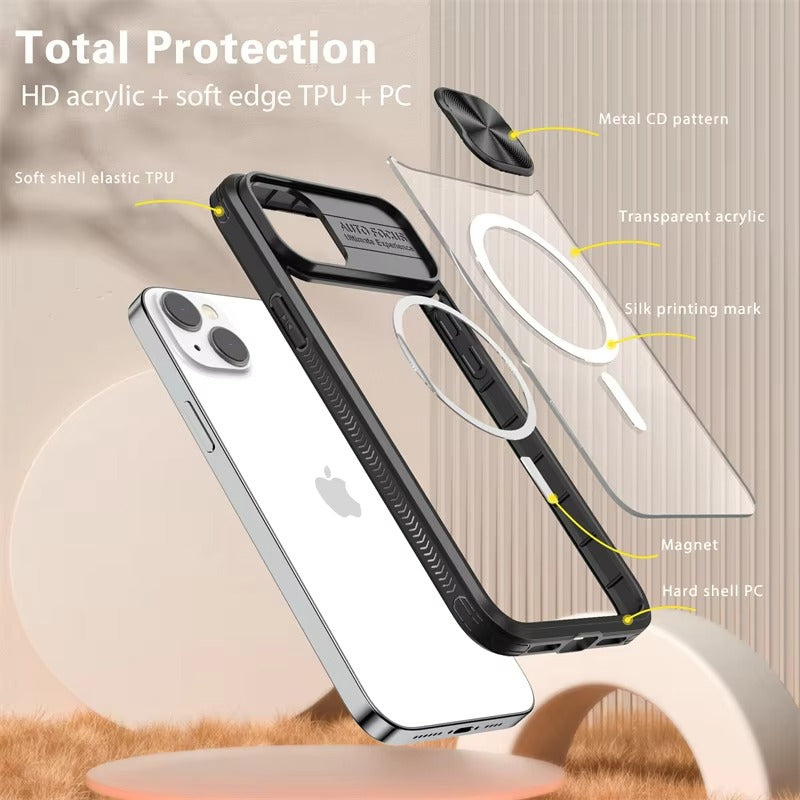 Premium Apple iPhone Case MagSafe Compatible, Camera Lens & Screen Protection, Cover with Slide Lens & Clear Acrylic Back
