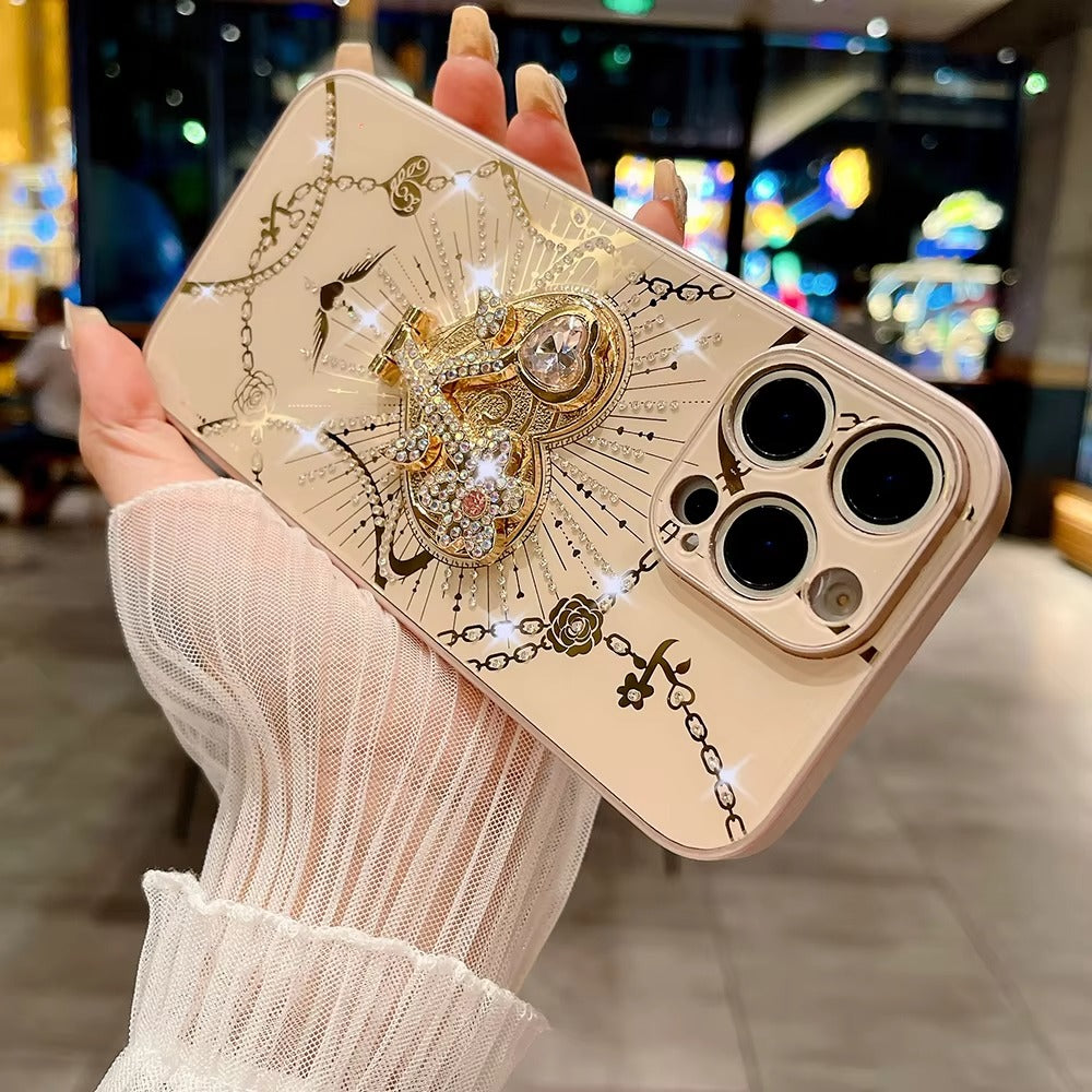 Luxury Apple iPhone Case, MagSafe Compatible, Camera Lens & Screen Protection, Ultra Thin, Shockproof, Magnetic Full All Around Cover – Glitter Crystal Heart Holder Case with Full Camera Guard & Hard Shockproof Back