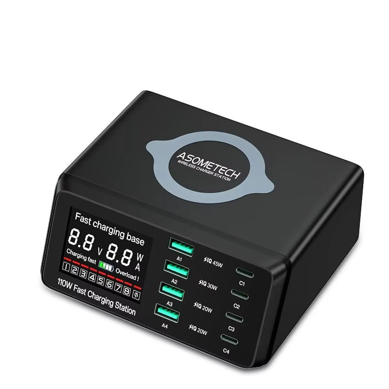 Premium 110W USB C Charging Station – Multi Port 9 in 1 Fast Charger with PD QC3.0, Wireless Charging, Digital Display for Phones, Tablets and Earbuds