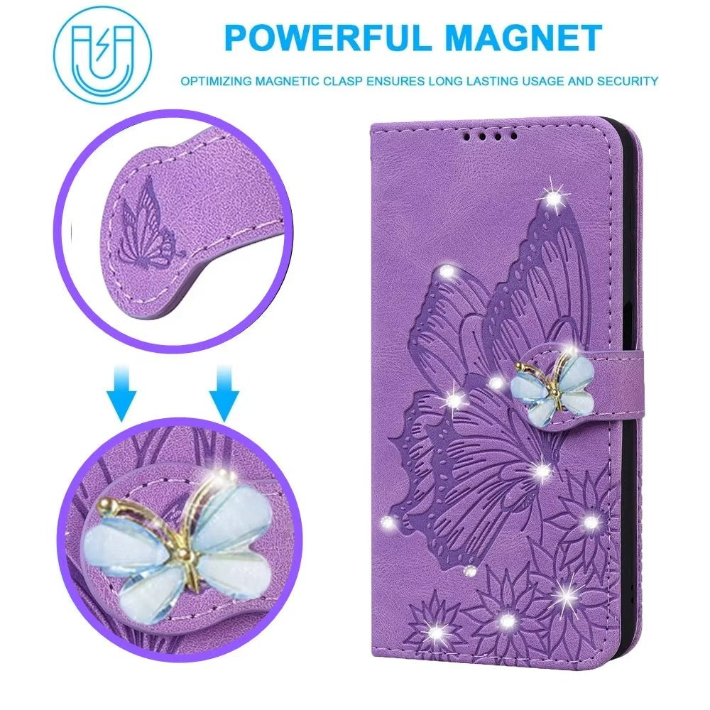 Luxury Apple iPhone Case, MagSafe Compatible, Camera Lens and Screen Protection, Ultra Thin, Shockproof, Magnetic, Full All Around Protection, Butterfly Glitter Wallet Cover