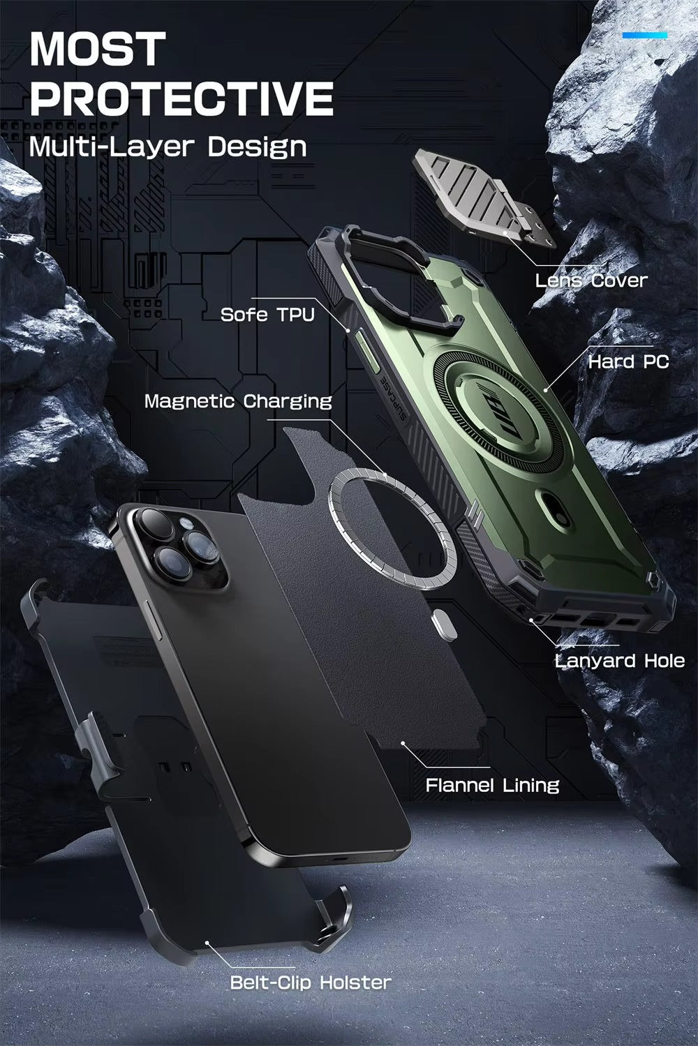 Robust Apple iPhone Case, MagSafe Compatible, Ultra Thin Magnetic Shockproof Cover with Camera Lens Shield, Kickstand Frame