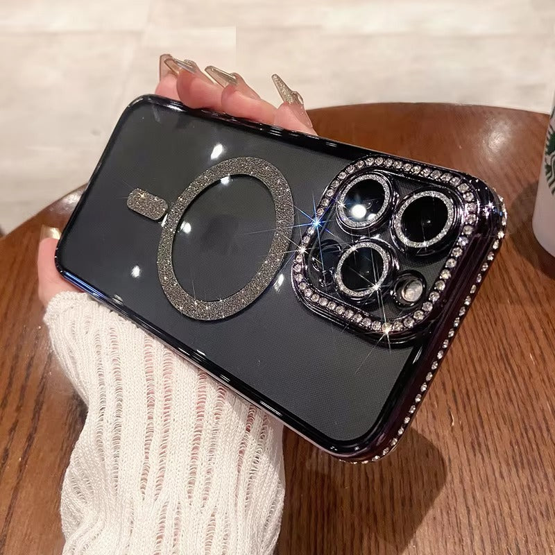 Luxury Pink Glitter Apple iPhone Case, MagSafe Compatible, Ultra Thin Magnetic Shockproof Full Protection Cover and Diamond Clear Plated Shell