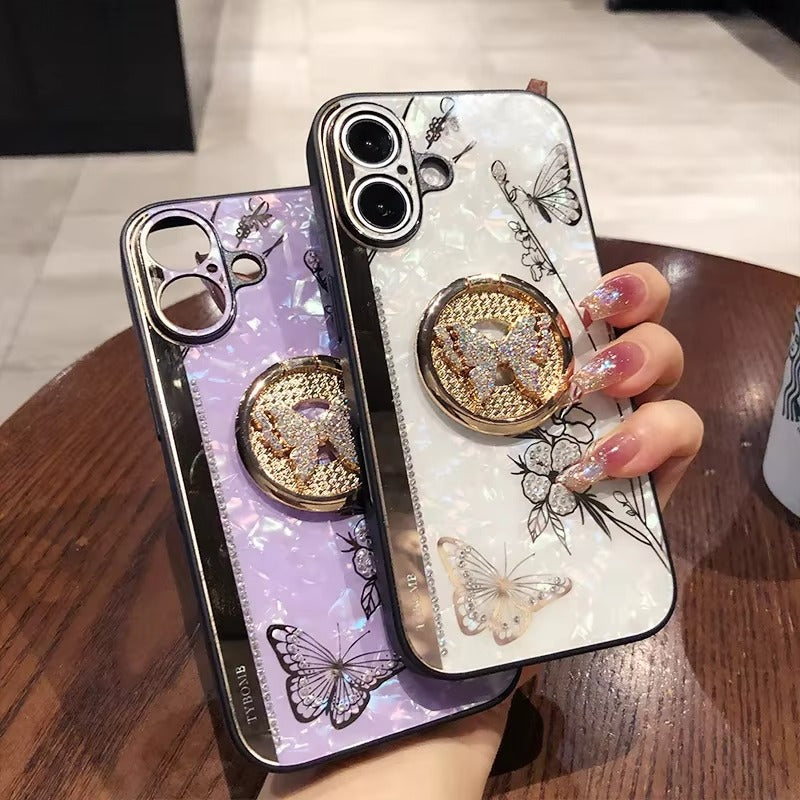 Luxury Apple iPhone Case, MagSafe Compatible, Camera Lens & Screen Protection, Ultra Thin, Shockproof, Magnetic Full All Around Cover – Shell Pattern Butterfly Case with Ring Holder & Hard Silicone TPU Back Design