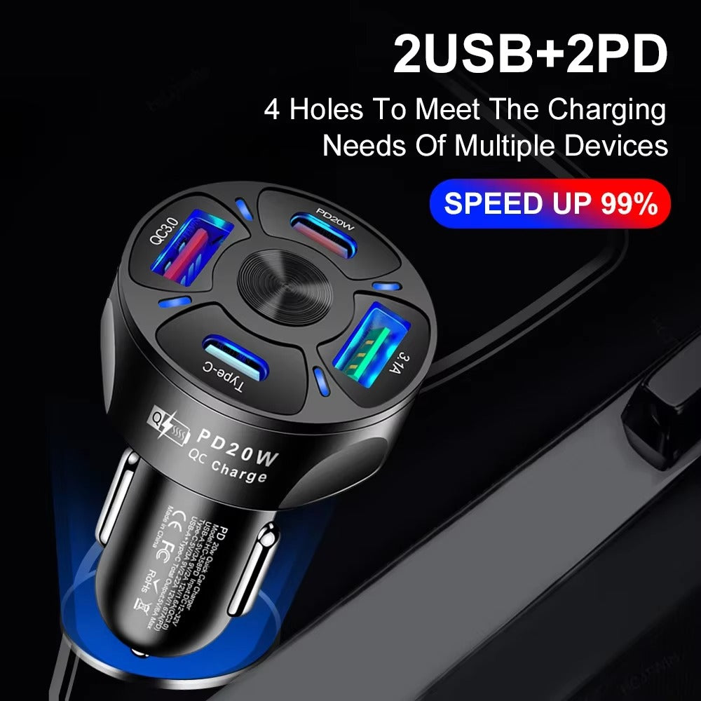 High Speed 55W USB Car Charger Adapter – 4-Port PD & QC3.0 Fast Charging Cigarette Lighter Plug with LED Display, Smart Protection for Phones & Tablets