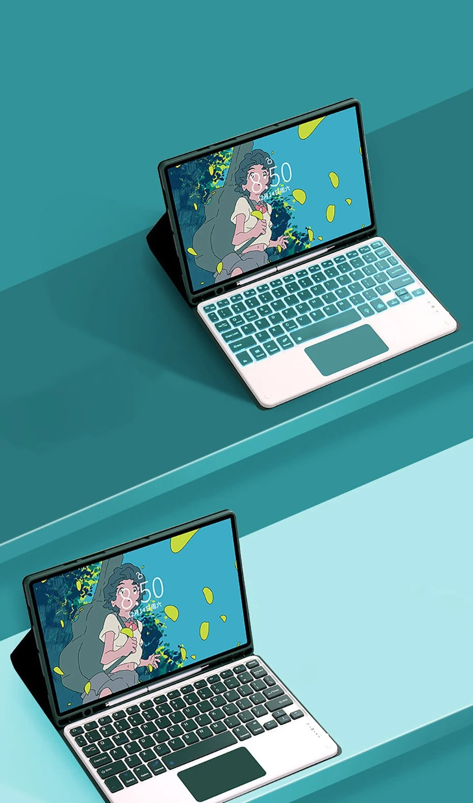 Luxury Wireless Keyboard Case with Free Mouse – Bluetooth Keyboard Cover with Touchpad, Leather Texture, Built-in Battery, for 10–11 inch Tablets, Solid Color Design