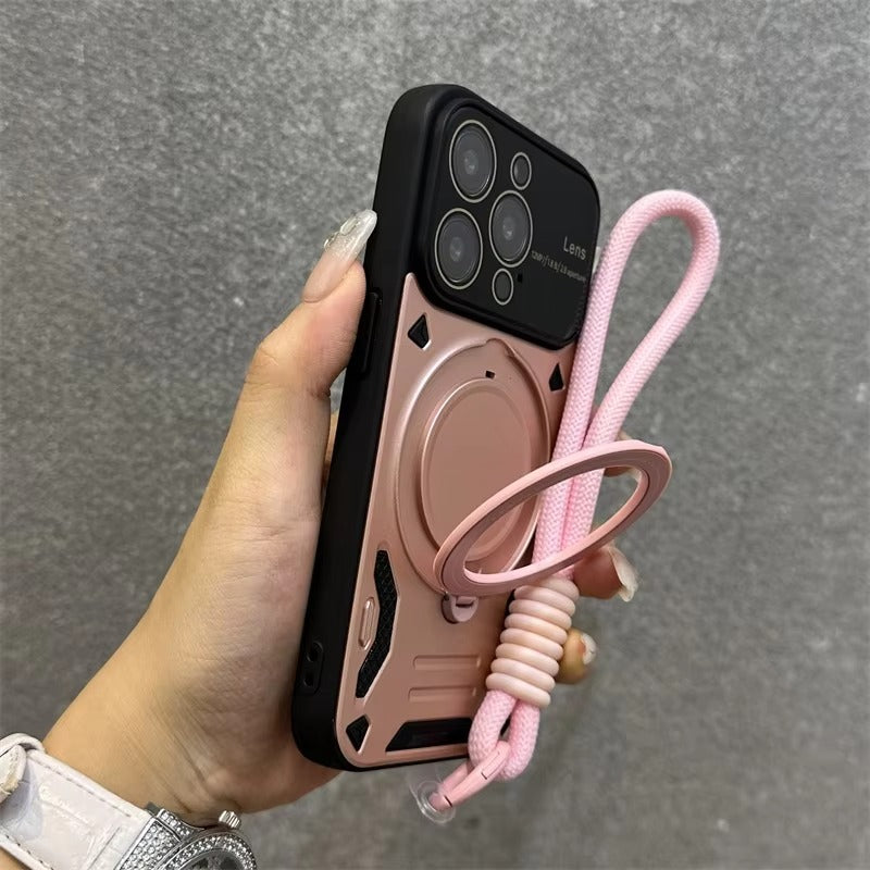 Luxury Apple iPhone Case, MagSafe Compatible, Camera Lens & Screen Protection, Ultra Thin, Shockproof, Magnetic Full All Around Cover – Stand Holder Case with Lens Guard, Wristband & Lanyard Strap