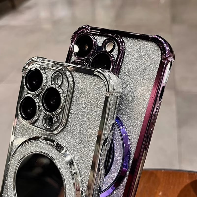 Luxury Apple iPhone Case, MagSafe Compatible, Camera Lens & Screen Protection, Ultra Thin, Shockproof, Magnetic Full All Around Cover – Sparkling Gradient Glitter Airbag Case with Mirror Back & Diamond Stand Holder