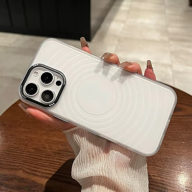 Luxury Apple iPhone Case, MagSafe Compatible, Camera Lens & Screen Protection, Ultra Thin, Shockproof, Magnetic Full All Around Cover – Water Ripple Matte Translucent Case with Metal Lens Bumper & Hard Back