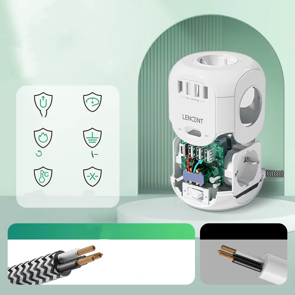 Premium, EU Plug Power Strip with 4 AC Outlets, 3 USB Ports, 1 Type-C, 2M/3M Braided Cable – Multi Socket Extension for Home