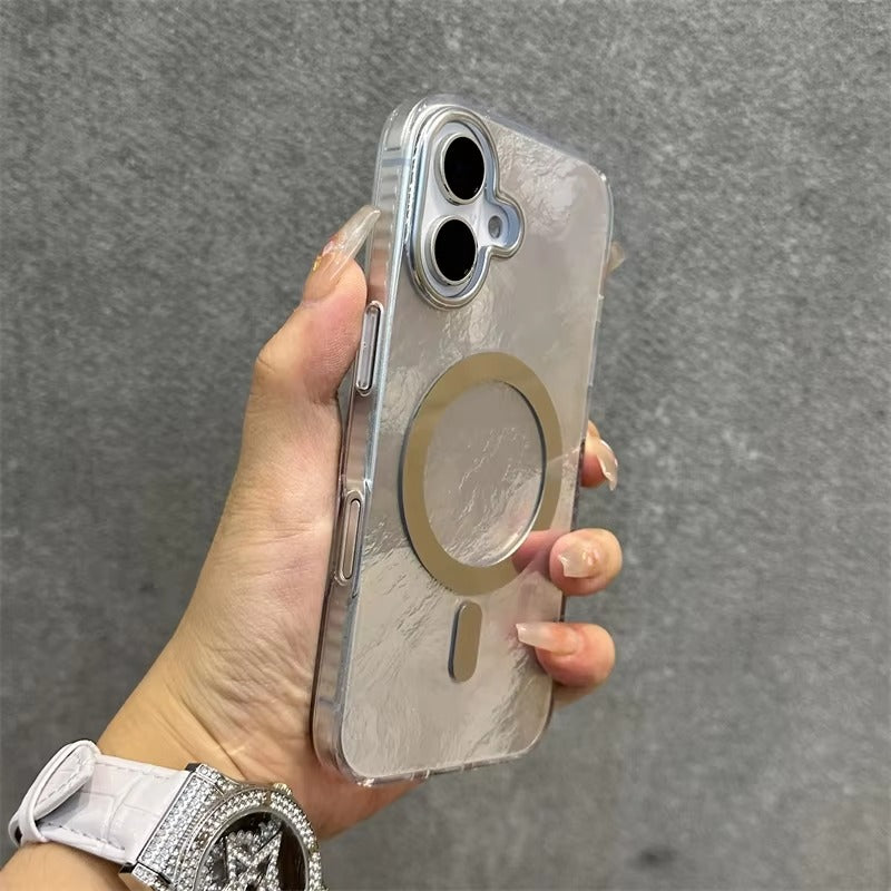 Luxury Apple iPhone Case, MagSafe Compatible, Camera Lens & Screen Protection, Ultra Thin, Shockproof, Magnetic Full All Around Cover – Laser Aurora Raindrop Acrylic Case with Wrist Strap & Wireless Charging