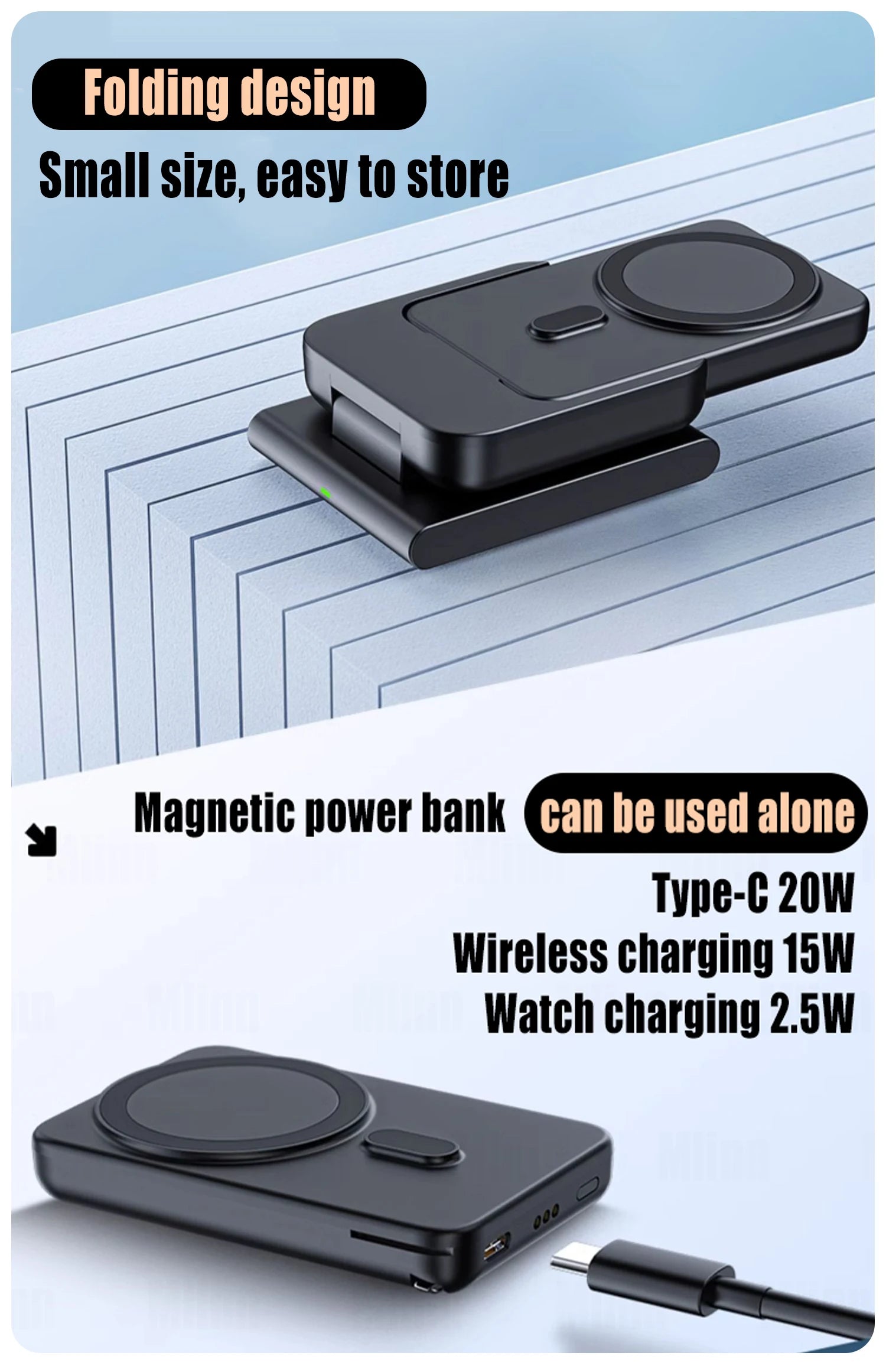 Premium 3-in-1 Magnetic Wireless Charging Station & Portable Power Bank – Fast Charger for iPhone, Apple Watch & AirPods with Detachable Design