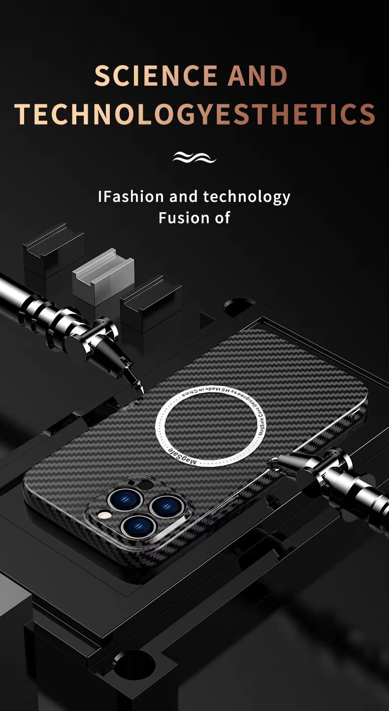 Premium Carbon Fiber Apple iPhone Case, MagSafe Compatible, Ultra Thin Magnetic Screen and Camera Guard, Sleek Matte Finish