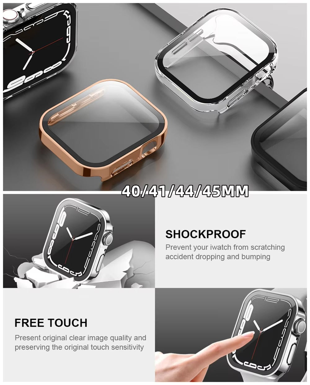 Premium Glass Screen Protector Case – Full Coverage, Straight Edge, Snap-On Protective Cover for 40mm to 49mm Smartwatches