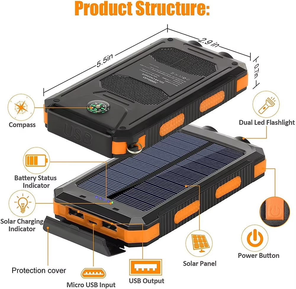 Robust 80000mAh Solar Power Bank – Portable Waterproof Charger with Dual USB, Strong LED Flashlight, Digital Display, Compass & Outdoor Emergency Features