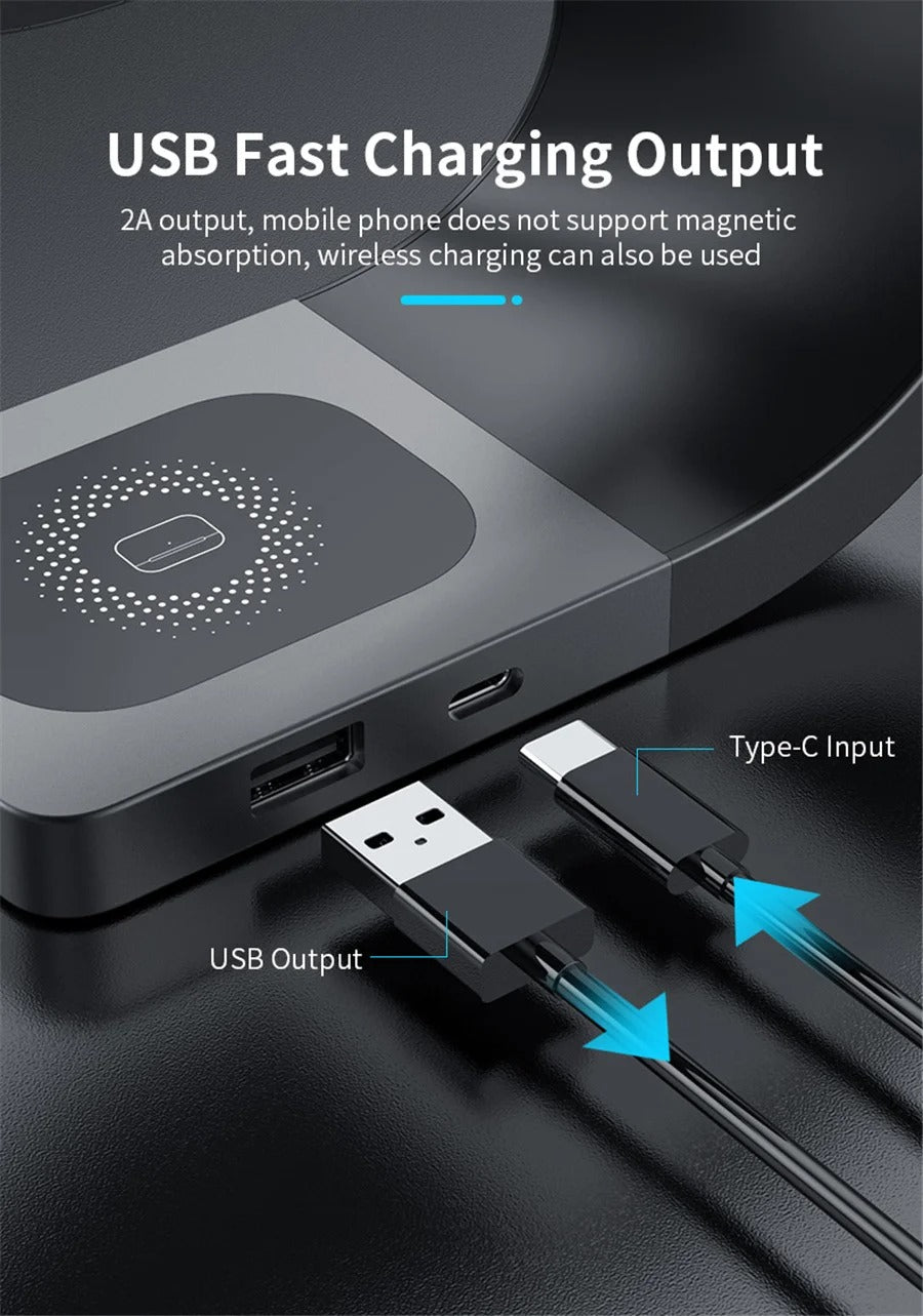 Premium 4 in 1 Magnetic Wireless Charging Station – 15W Fast Charger Dock with LED Indicator for Phones, Apple Watch, AirPods and USB Devices