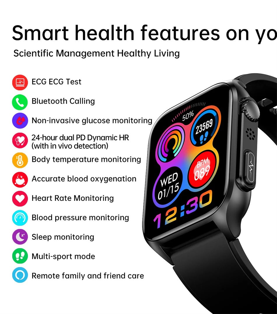Premium Health Smartwatch for iPhone – Non-Invasive Blood Glucose Monitor with ECG+PPG, AI Voice Assistant, Bluetooth Calling