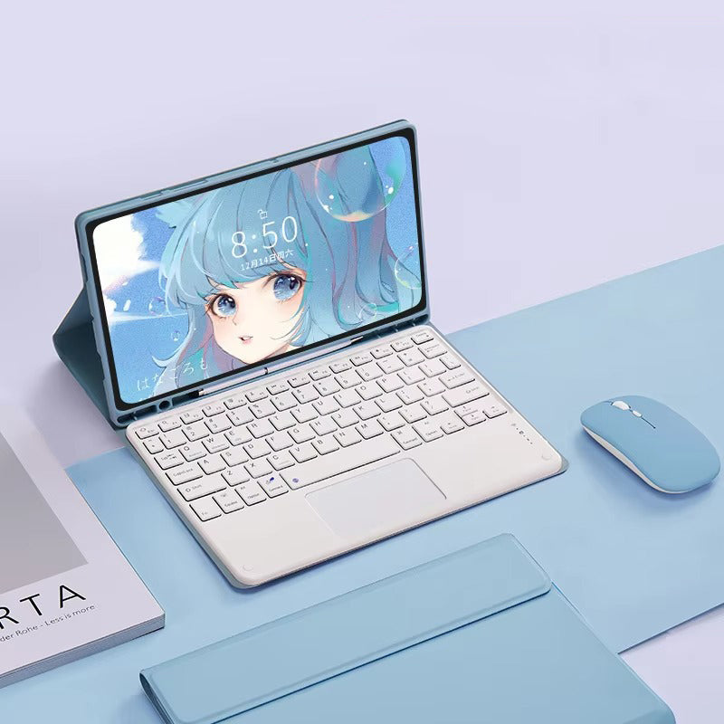 Luxury Wireless Keyboard Case with Free Mouse – Bluetooth Keyboard Cover with Touchpad, Leather Texture, Built-in Battery, for 10–11 inch Tablets, Solid Color Design