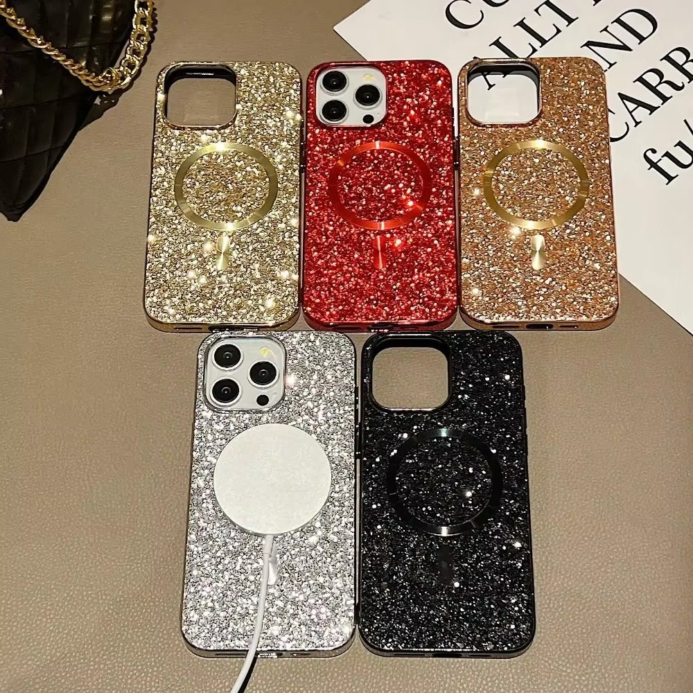 Luxury Apple iPhone Case, MagSafe Compatible, Camera Lens & Screen Protection, Ultra Thin, Shockproof, Magnetic Full All Around Cover – Bling Glitter Magnetic Case with Shockproof Protective Back for Stylish Appeal