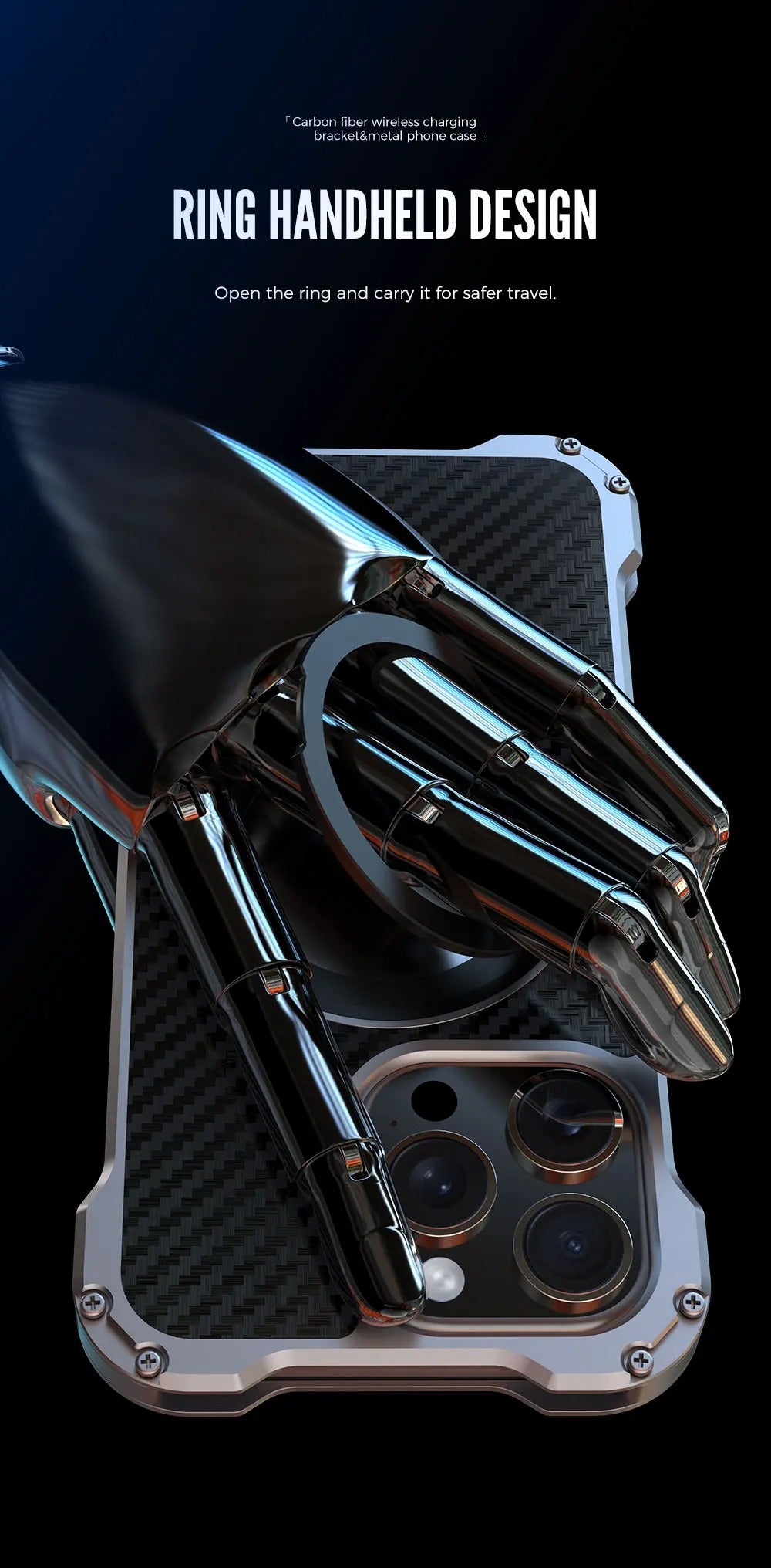 Robust Apple iPhone Case, MagSafe Compatible, Camera Lens & Screen Protection, Ultra Thin, Shockproof, Magnetic Full All Around Cover – Carbon Fiber Aluminum Alloy Case with Built-In Holder Ring & Lightweight Frame