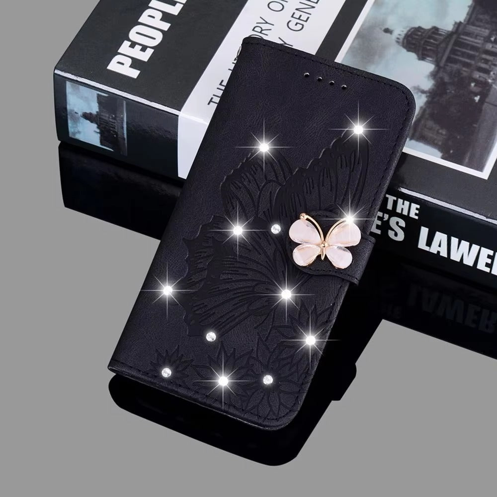 Luxury Apple iPhone Case, MagSafe Compatible, Camera Lens and Screen Protection, Ultra Thin, Shockproof, Magnetic, Full All Around Protection, Butterfly Glitter Wallet Cover