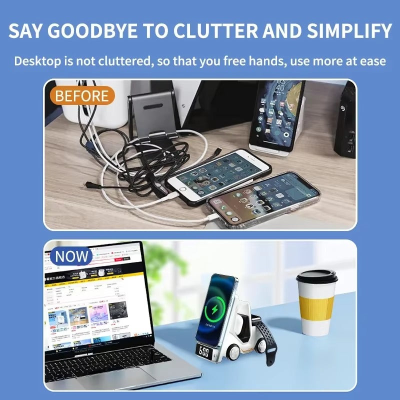 Premium 5 in 1 Magnetic Wireless Charging Station – Fast Charger Stand with Alarm Clock, Adjustable Phone Holder, LED Lamp for iPhone, Watch and AirPods